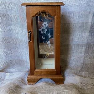 Vintage wood  jewelry box with etched glass